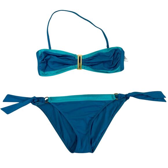 Leilani Bright Blue with Turquoise Trim Bikini Bathing Suit Gold Tone Trim - Picture 9 of 16